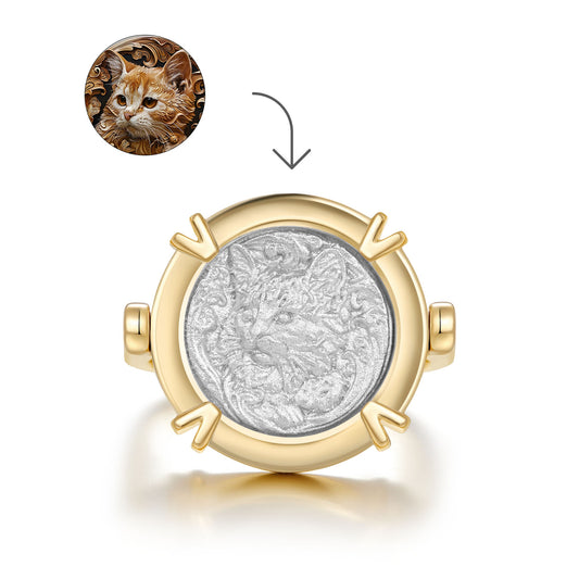 Custom Cat Portrait Gold Ring - Personalized Pet Engraved Keepsake