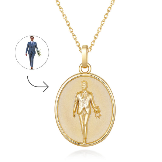 Custom Groom Portrait Gold Necklace - Personalized Engraved Pendant