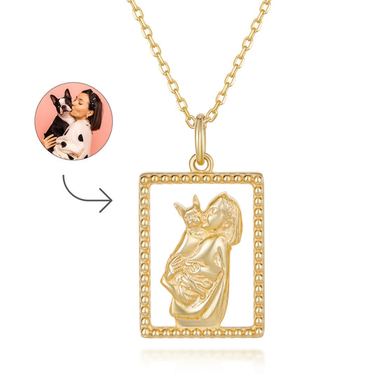 Custom Dog and Owner Portrait Gold Necklace - Personalized Engraved Pendant